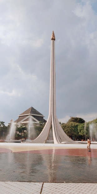 A replica of the National Monument of Indonesia, a symbol of the country's fight for independence.